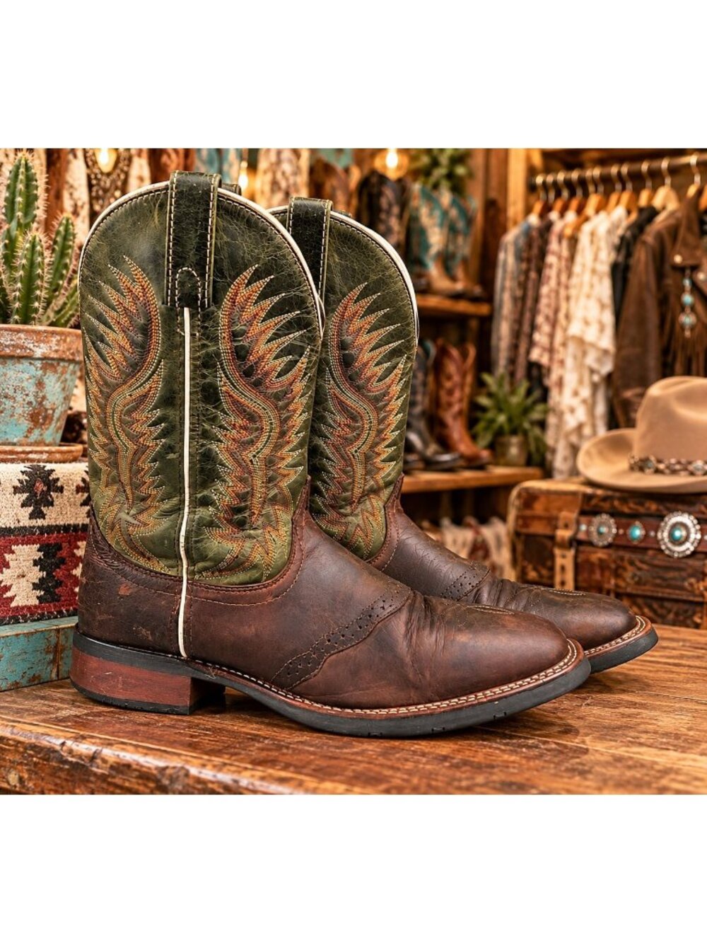 Laredo 7887 Men’s Cowboy Boots Size 8.5 Brown Green Leather Western Embroidered